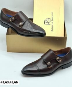 Roberto Guerrini Brown Leather Double Monk Strap Shoes – Elegant Toe Cap Design