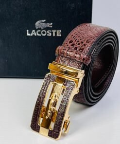 Lacoste Brown Crocodile-Embossed Leather Belt – Gold Automatic Buckle