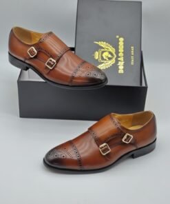 Brown Leather Double Monk Strap Shoes – Elegant Toe Cap Design Copy
